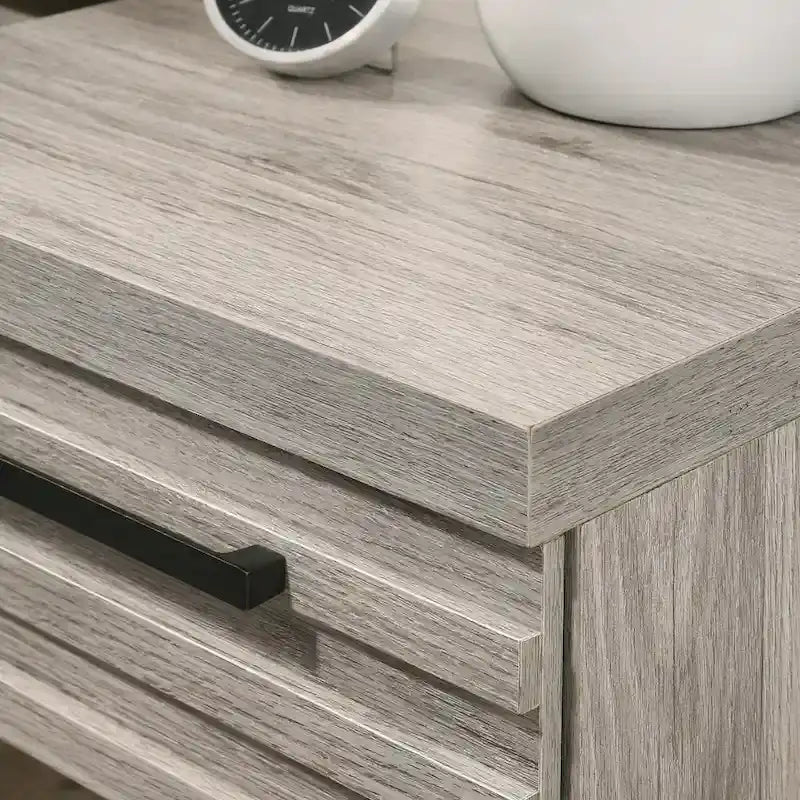 Lit mural Alvear avec lumières LED blanches, commode, miroir et 2 tables de nuit, gris patiné