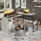 Bureau d'angle polyvalent de 60" en forme de L avec plateau relevable et armoire de rangement, bureau d'angle extensible jusqu'à 95" avec crochets