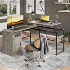 Bureau d'angle polyvalent de 60" en forme de L avec plateau relevable et armoire de rangement, bureau d'angle extensible jusqu'à 95" avec crochets