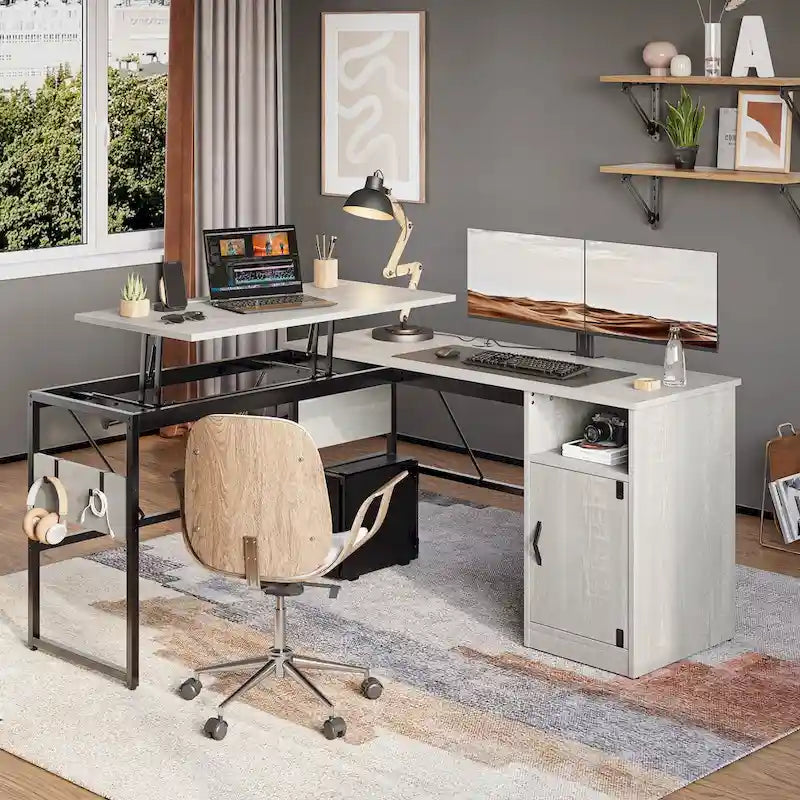 Bureau d'angle polyvalent de 60" en forme de L avec plateau relevable et armoire de rangement, bureau d'angle extensible jusqu'à 95" avec crochets