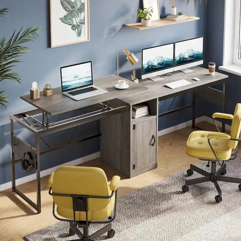 Bureau d'angle polyvalent de 60" en forme de L avec plateau relevable et armoire de rangement, bureau d'angle extensible jusqu'à 95" avec crochets