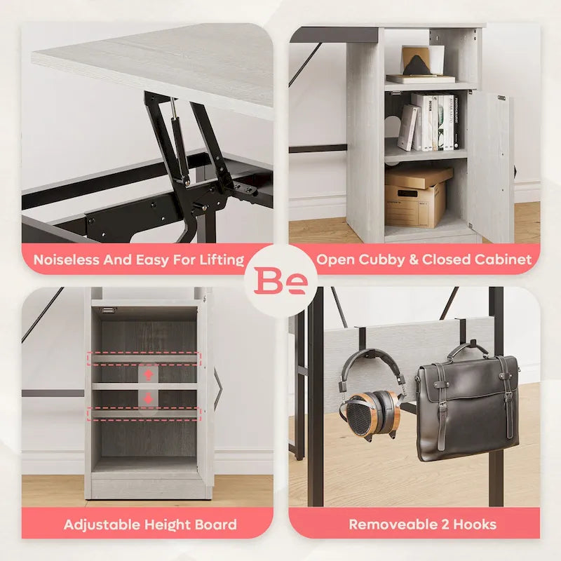 Bureau d'angle polyvalent de 60" en forme de L avec plateau relevable et armoire de rangement, bureau d'angle extensible jusqu'à 95" avec crochets