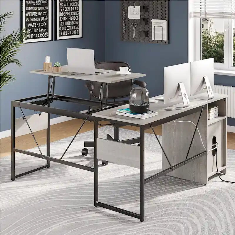 Bureau d'angle polyvalent de 60" en forme de L avec plateau relevable et armoire de rangement, bureau d'angle extensible jusqu'à 95" avec crochets