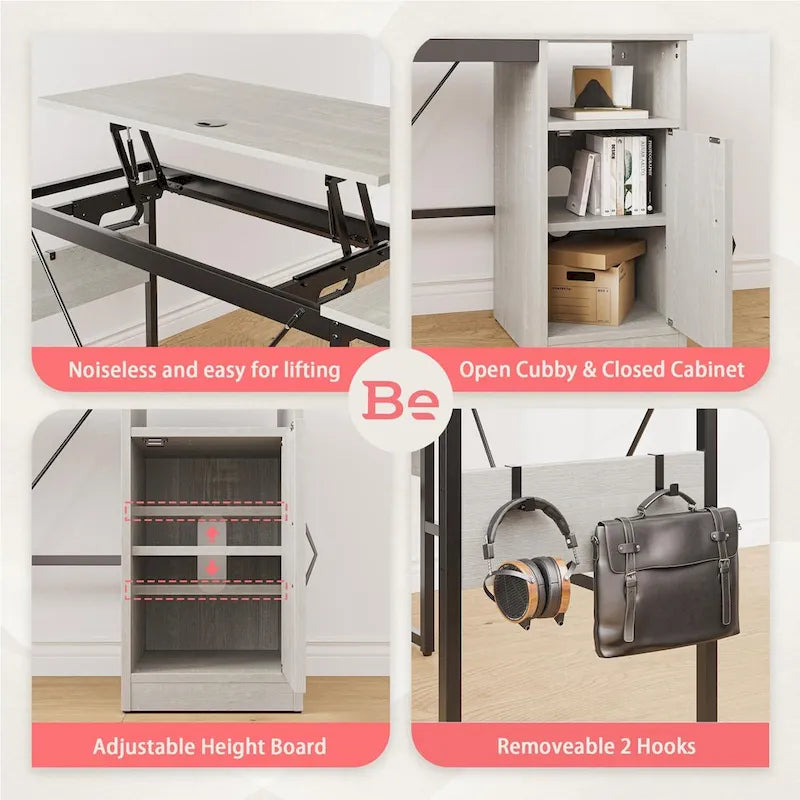 Bureau d'angle polyvalent de 60" en forme de L avec plateau relevable et armoire de rangement, bureau d'angle extensible jusqu'à 95" avec crochets