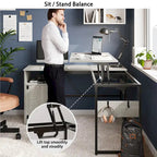 Bureau d'angle polyvalent de 60" en forme de L avec plateau relevable et armoire de rangement, bureau d'angle extensible jusqu'à 95" avec crochets