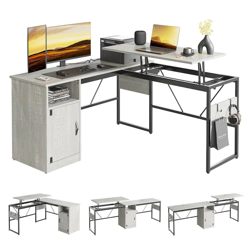 Bureau d'angle polyvalent de 60" en forme de L avec plateau relevable et armoire de rangement, bureau d'angle extensible jusqu'à 95" avec crochets
