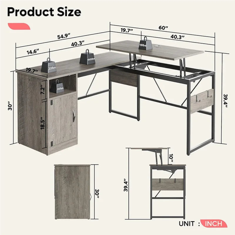 Bureau d'angle polyvalent de 60" en forme de L avec plateau relevable et armoire de rangement, bureau d'angle extensible jusqu'à 95" avec crochets