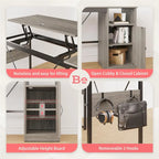 Bureau d'angle polyvalent de 60" en forme de L avec plateau relevable et armoire de rangement, bureau d'angle extensible jusqu'à 95" avec crochets