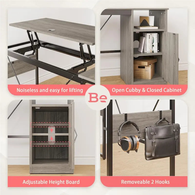 Bureau d'angle polyvalent de 60" en forme de L avec plateau relevable et armoire de rangement, bureau d'angle extensible jusqu'à 95" avec crochets