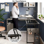 Bureau d'angle polyvalent de 60" en forme de L avec plateau relevable et armoire de rangement, bureau d'angle extensible jusqu'à 95" avec crochets