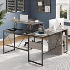 Bureau d'angle polyvalent de 60" en forme de L avec plateau relevable et armoire de rangement, bureau d'angle extensible jusqu'à 95" avec crochets