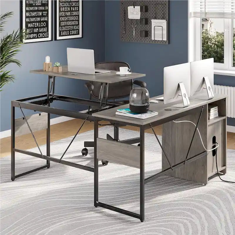 Bureau d'angle polyvalent de 60" en forme de L avec plateau relevable et armoire de rangement, bureau d'angle extensible jusqu'à 95" avec crochets