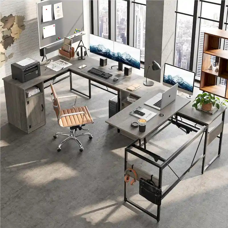 Bureau d'angle polyvalent de 60" en forme de L avec plateau relevable et armoire de rangement, bureau d'angle extensible jusqu'à 95" avec crochets
