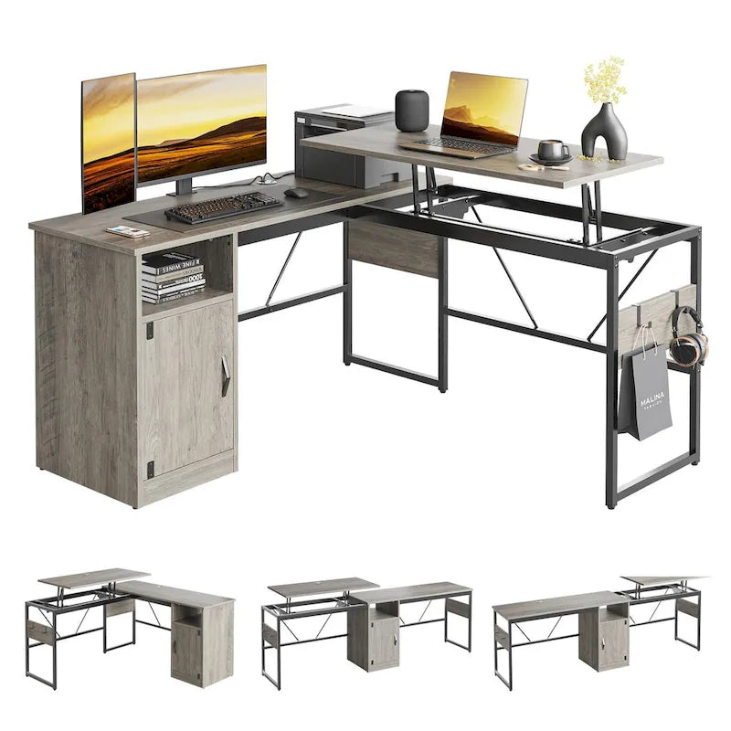 Bureau d'angle polyvalent de 60" en forme de L avec plateau relevable et armoire de rangement, bureau d'angle extensible jusqu'à 95" avec crochets