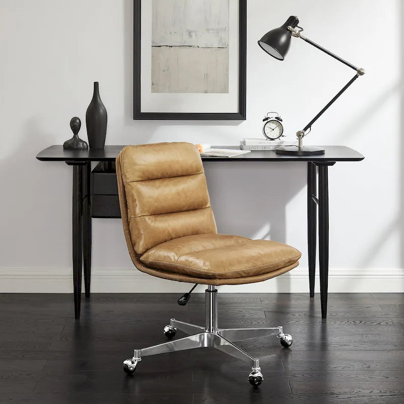 Chaise de bureau en cuir véritable, style Mid-Century Modern