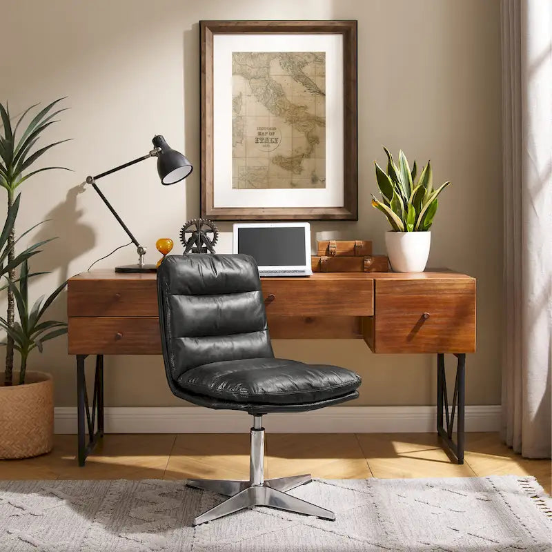 Chaise de bureau en cuir véritable, style Mid-Century Modern