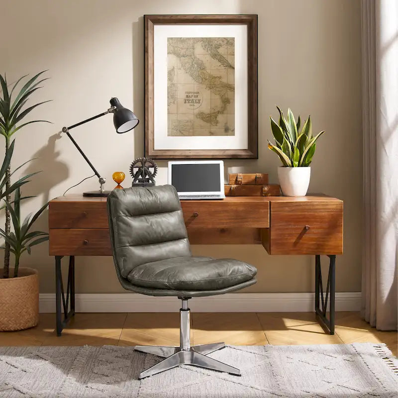 Chaise de bureau en cuir véritable, style Mid-Century Modern
