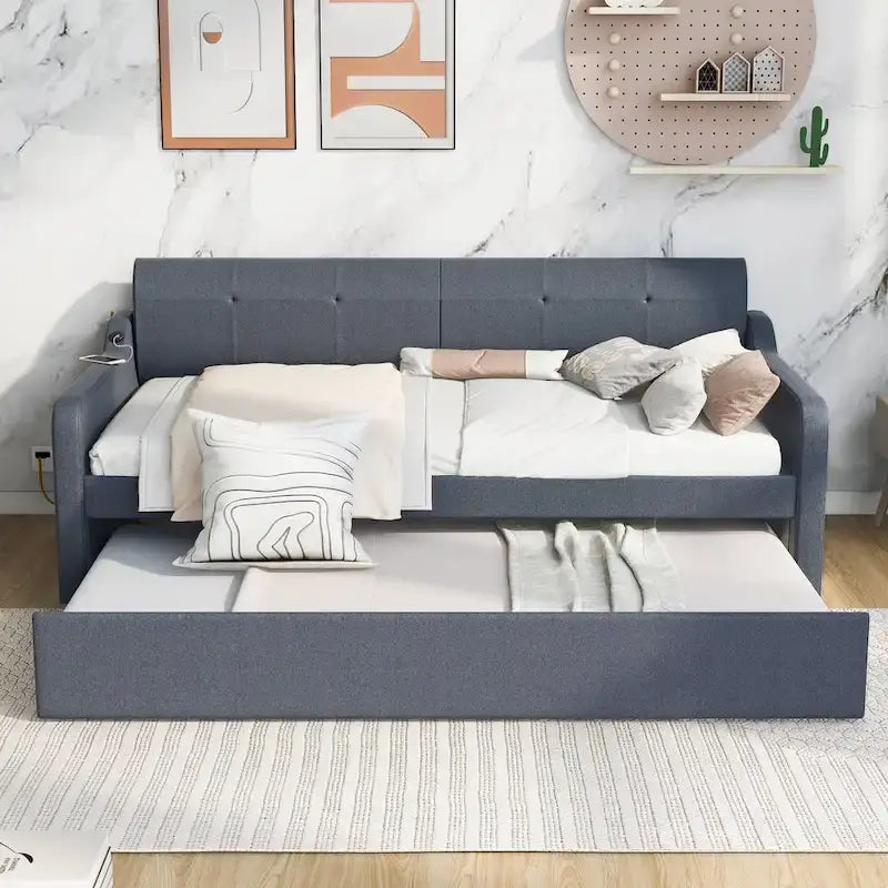 Banquette-lit rembourrée avec lit gigogne et port USB intégré