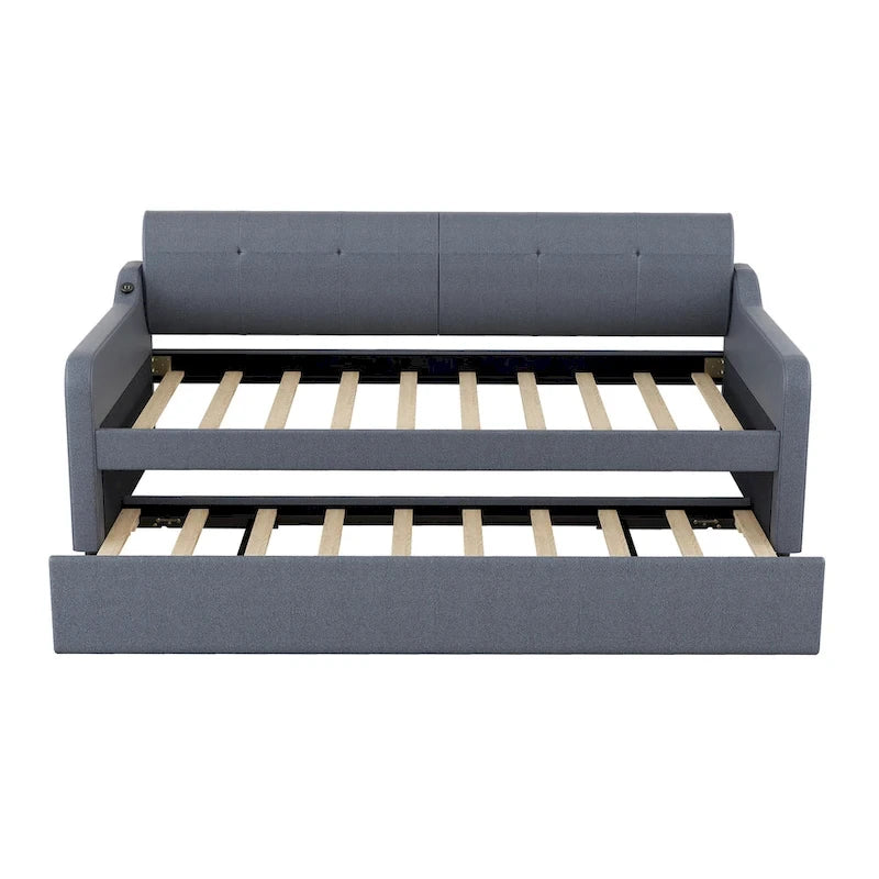 Banquette-lit rembourrée avec lit gigogne et port USB intégré