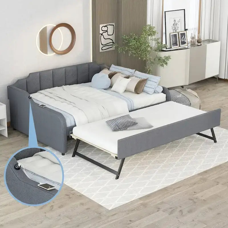 Banquette-lit rembourrée avec lit gigogne et port USB intégré