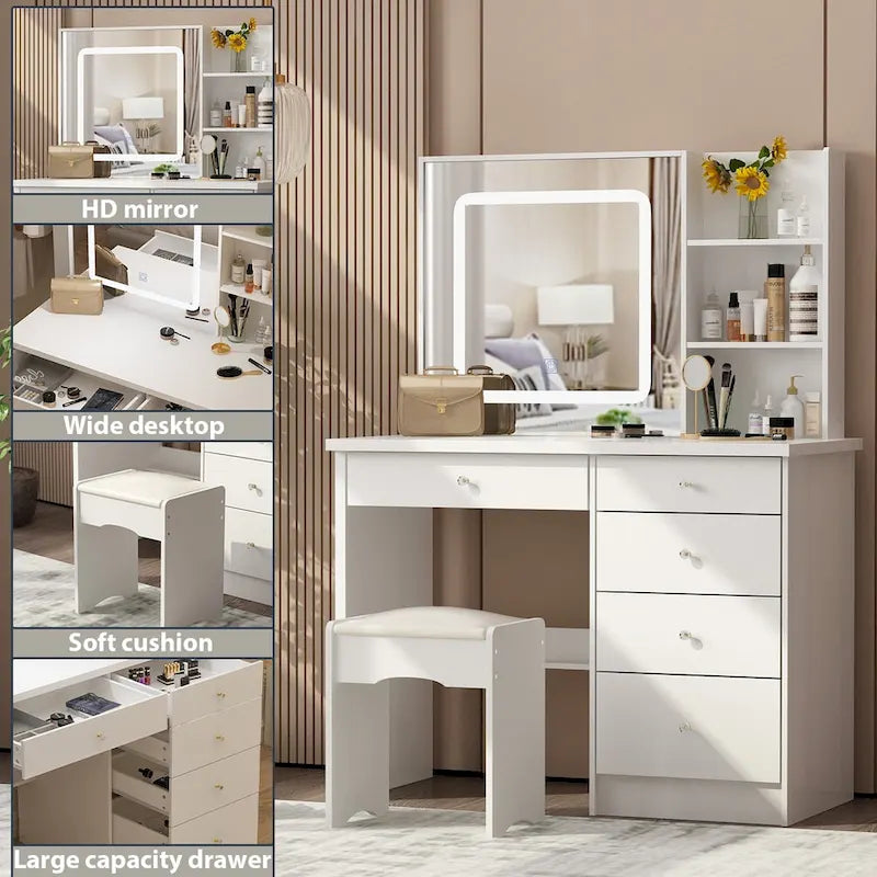 Coiffeuse de 100 cm de large avec tabouret et miroir tactile 3 couleurs - 100 cm de large