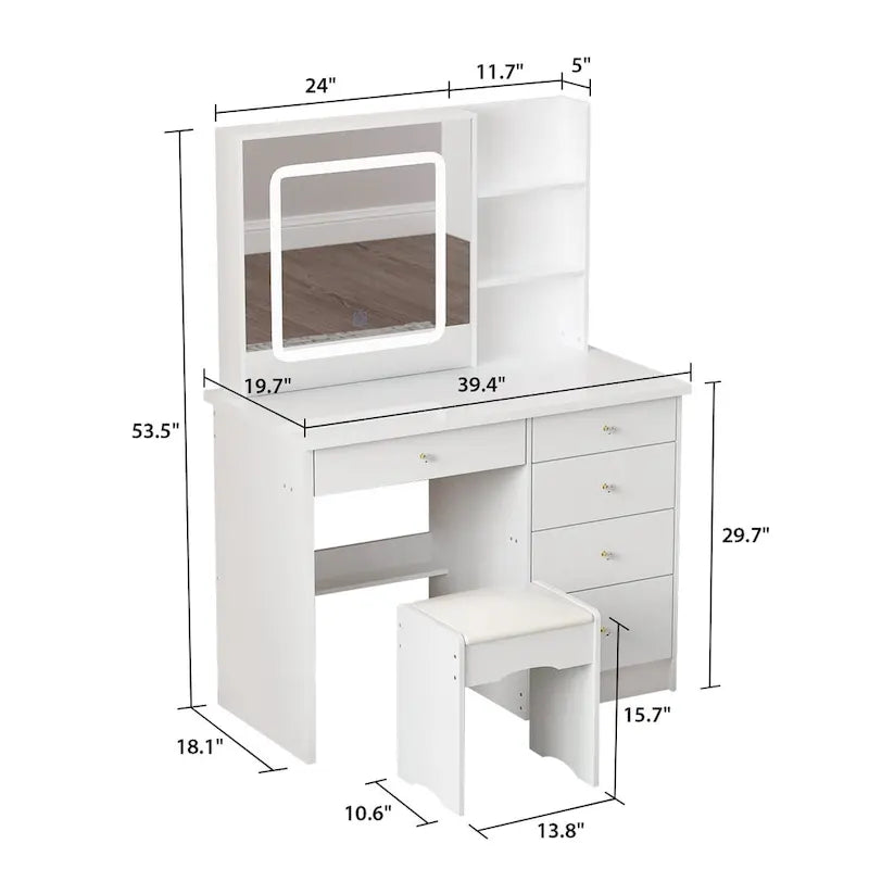 Coiffeuse de 100 cm de large avec tabouret et miroir tactile 3 couleurs - 100 cm de large