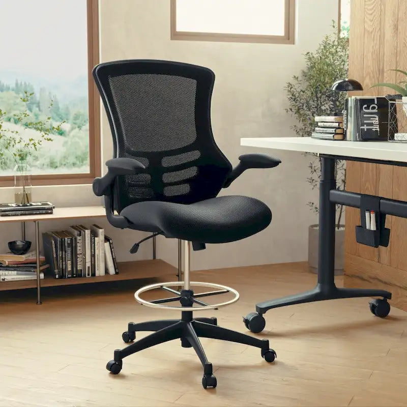 Chaise de bureau ergonomique mi-dossier avec repose-pieds réglable et accoudoirs relevables