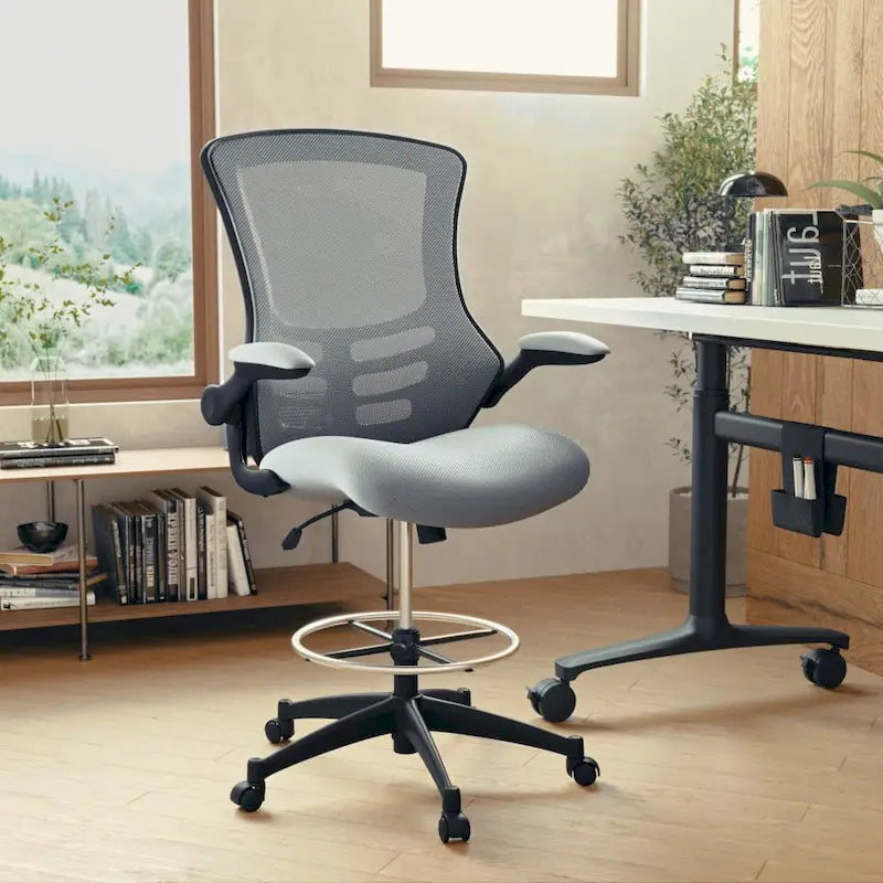 Chaise de bureau ergonomique mi-dossier avec repose-pieds réglable et accoudoirs relevables