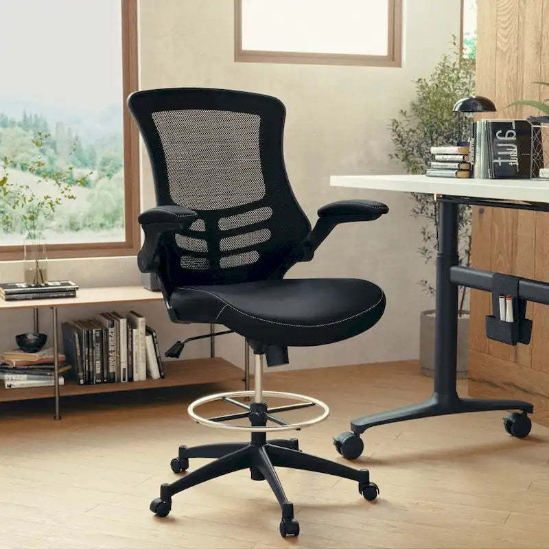 Chaise de bureau ergonomique mi-dossier avec repose-pieds réglable et accoudoirs relevables