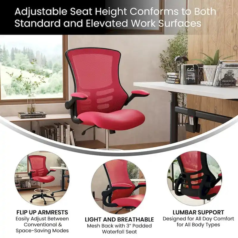 Chaise de bureau ergonomique mi-dossier avec repose-pieds réglable et accoudoirs relevables
