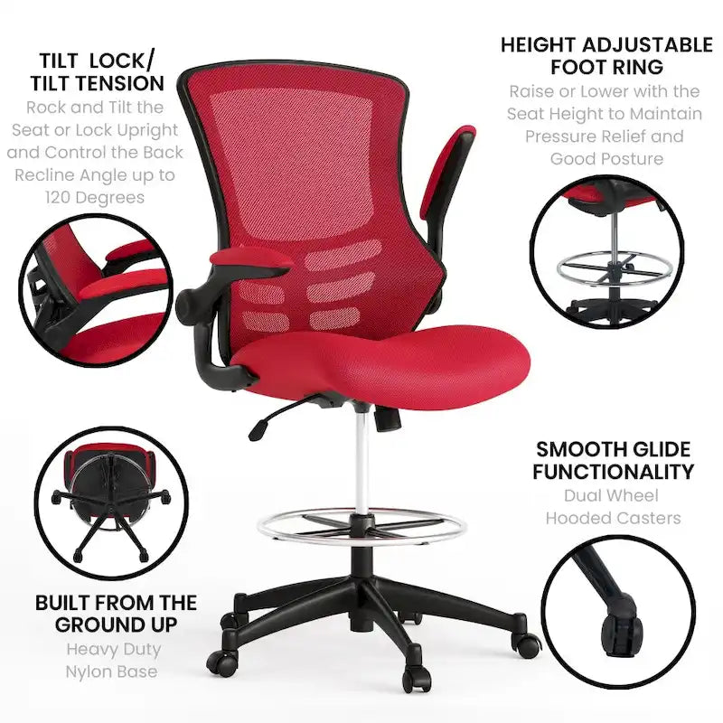 Chaise de bureau ergonomique mi-dossier avec repose-pieds réglable et accoudoirs relevables