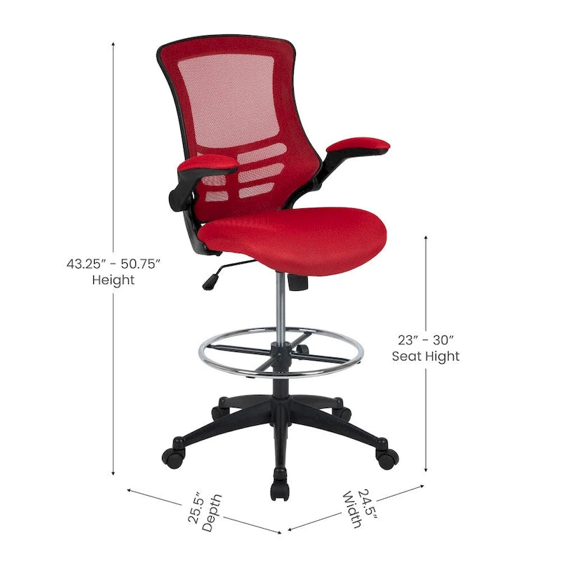 Chaise de bureau ergonomique mi-dossier avec repose-pieds réglable et accoudoirs relevables