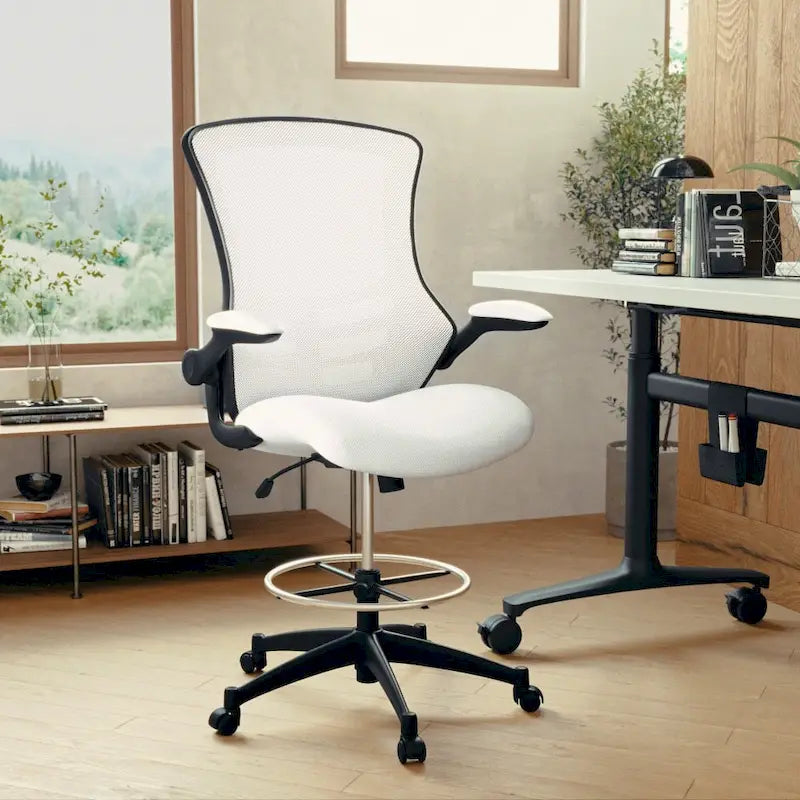 Chaise de bureau ergonomique mi-dossier avec repose-pieds réglable et accoudoirs relevables