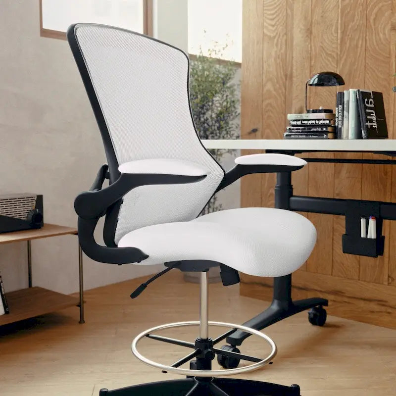 Chaise de bureau ergonomique mi-dossier avec repose-pieds réglable et accoudoirs relevables