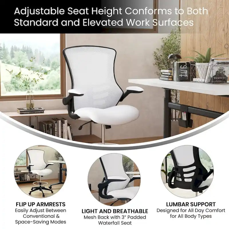 Chaise de bureau ergonomique mi-dossier avec repose-pieds réglable et accoudoirs relevables