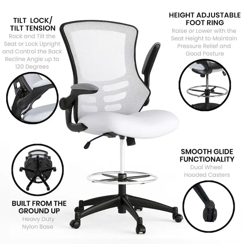 Chaise de bureau ergonomique mi-dossier avec repose-pieds réglable et accoudoirs relevables