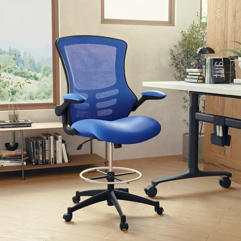 Chaise de bureau ergonomique mi-dossier avec repose-pieds réglable et accoudoirs relevables