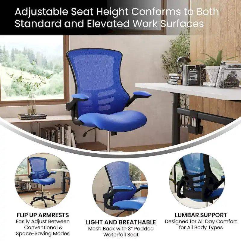 Chaise de bureau ergonomique mi-dossier avec repose-pieds réglable et accoudoirs relevables