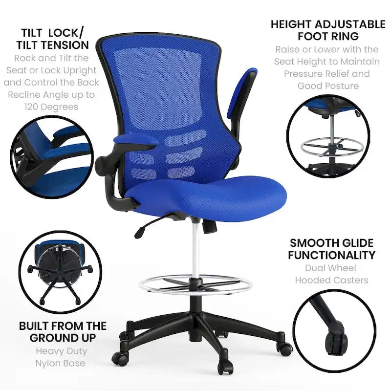 Chaise de bureau ergonomique mi-dossier avec repose-pieds réglable et accoudoirs relevables