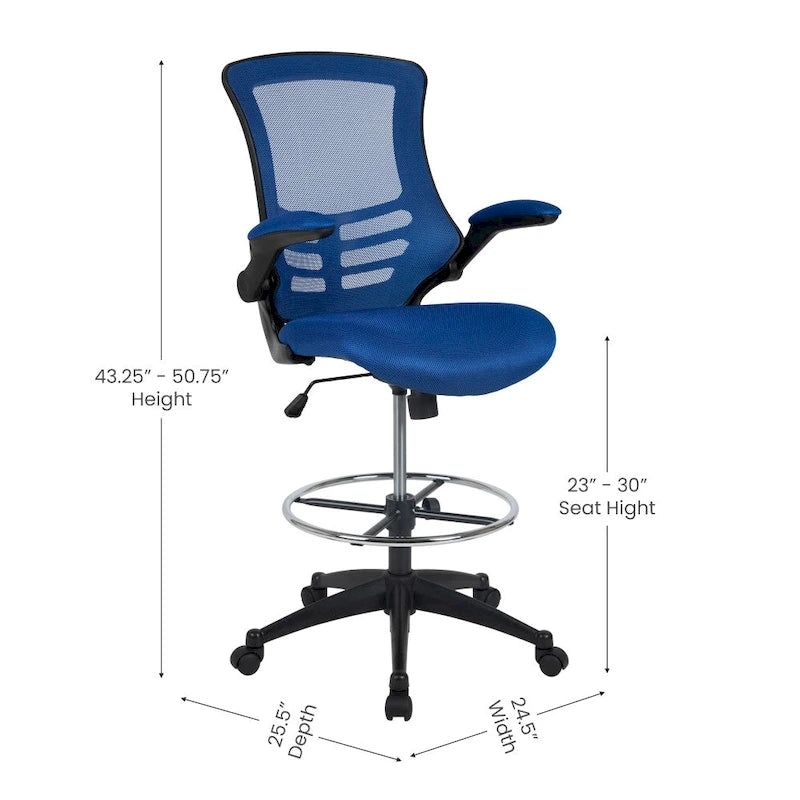 Chaise de bureau ergonomique mi-dossier avec repose-pieds réglable et accoudoirs relevables