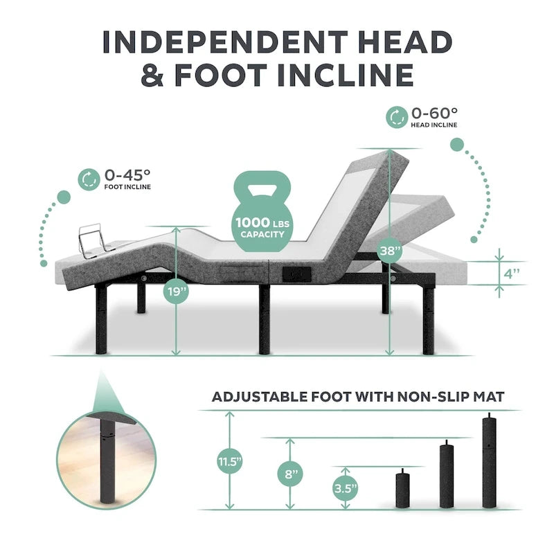 Cadre de lit réglable Split King avec matelas en mousse à mémoire de forme au gel de 30,5 cm, USB, application, massage, télécommande