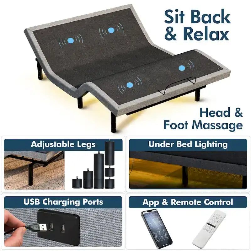 Base de lit réglable avec matelas en mousse à mémoire de forme au gel de 35,56 cm (14 po) de fermeté moyenne, double massage, ports USB, application et télécommande.