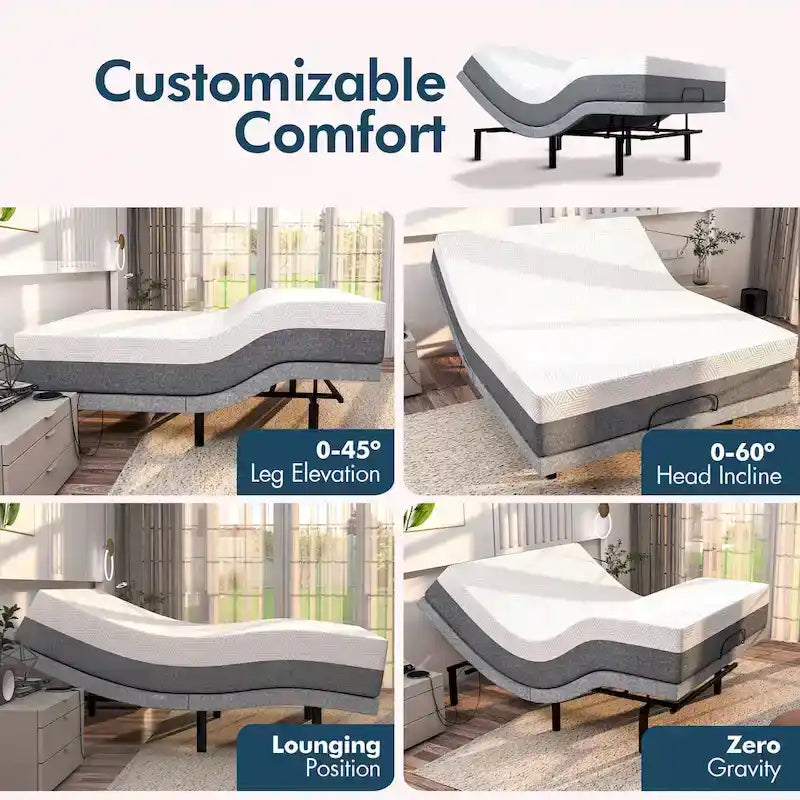 Base de lit réglable avec matelas en mousse à mémoire de forme au gel de 35,56 cm (14 po) de fermeté moyenne, double massage, ports USB, application et télécommande.