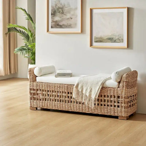Abel Boho Coastal Ratten Storage Bench with Hollow-Carved Design and Solid Wood Foot by HULALA HOME