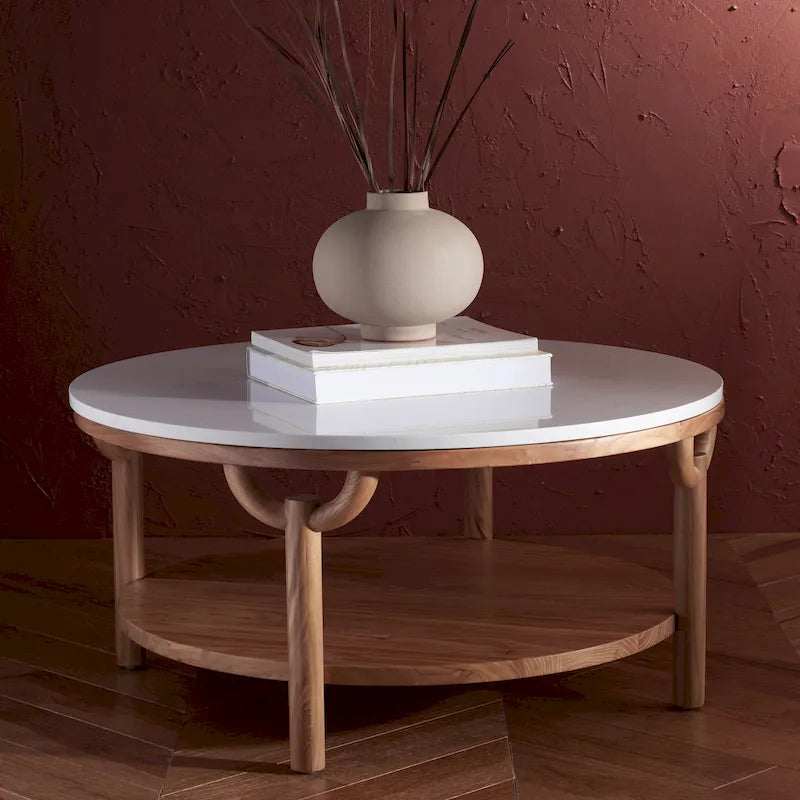 Table basse ronde à 2 niveaux en marbre Couture Aive - 35 po L x 35 po P x 17 po H - 35L x 35P x 17H