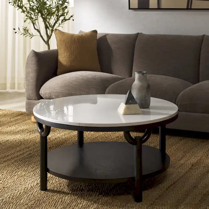 Table basse ronde à 2 niveaux en marbre Couture Aive - 35 po L x 35 po P x 17 po H - 35L x 35P x 17H