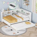 Lit de jour double avec lit gigogne simple, lit de repos avec étagère de rangement et ports de chargement USB