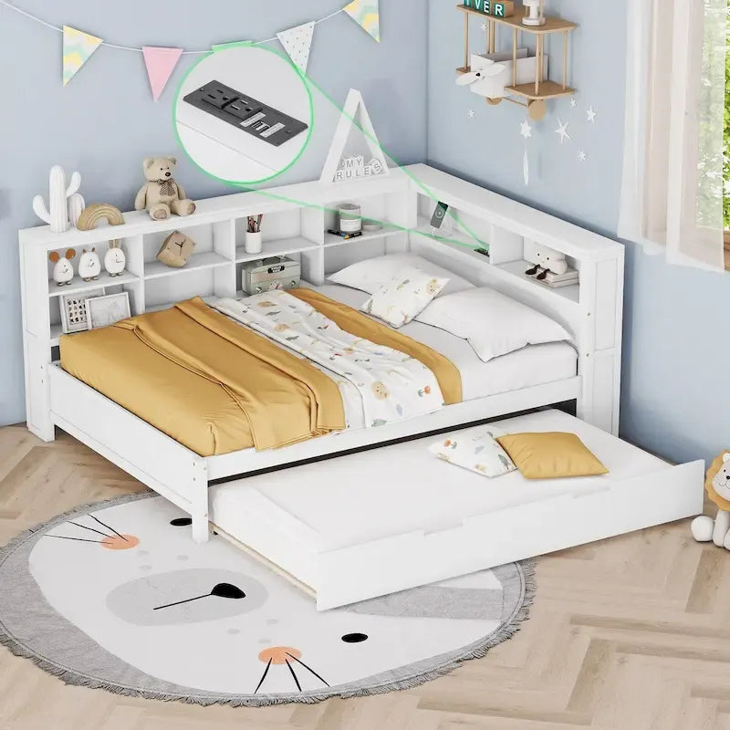 Lit de jour double avec lit gigogne simple, lit de repos avec étagère de rangement et ports de chargement USB