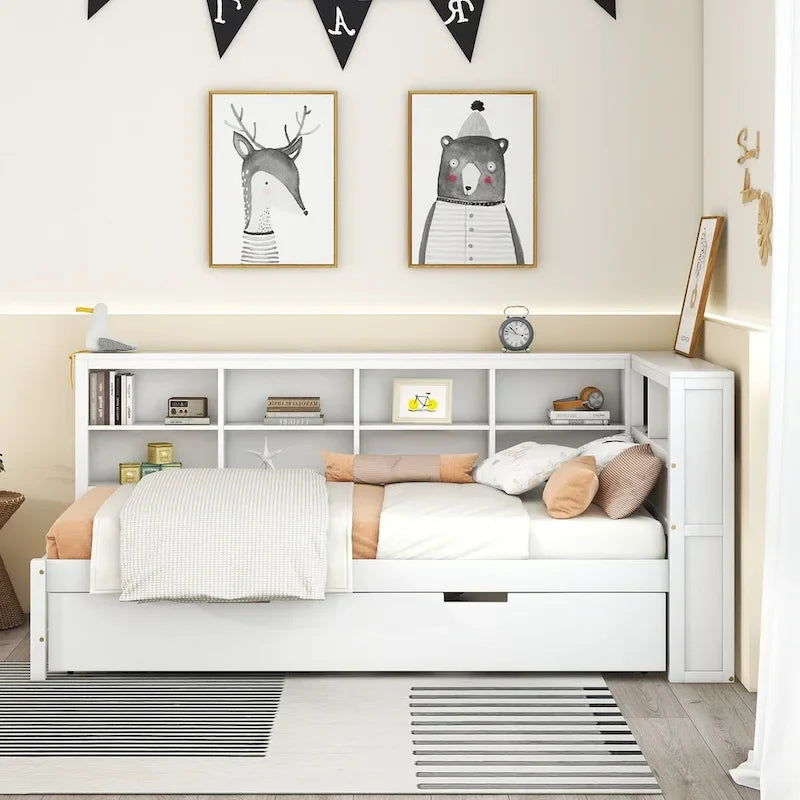 Lit de jour double avec lit gigogne simple, lit de repos avec étagère de rangement et ports de chargement USB