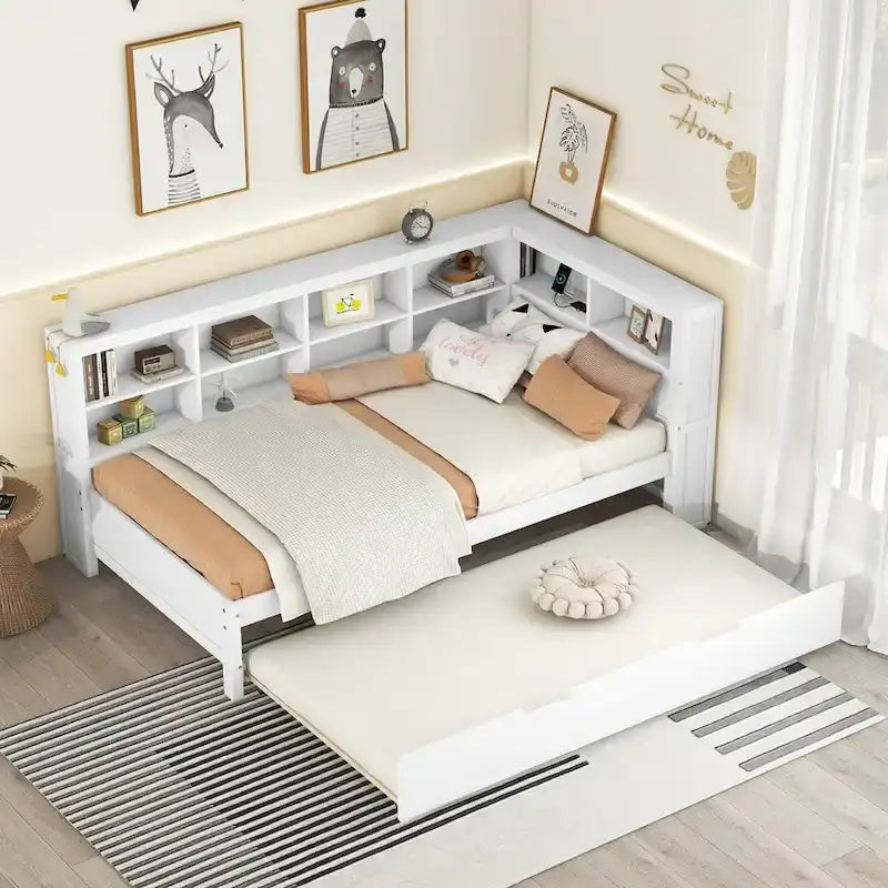 Lit de jour double avec lit gigogne simple, lit de repos avec étagère de rangement et ports de chargement USB